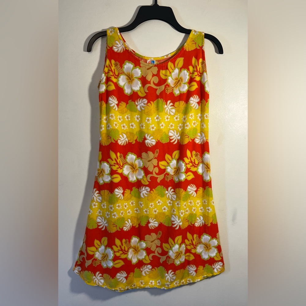 Vintage UNO card game brand yellow red Hawaiian floral print tie waist dress